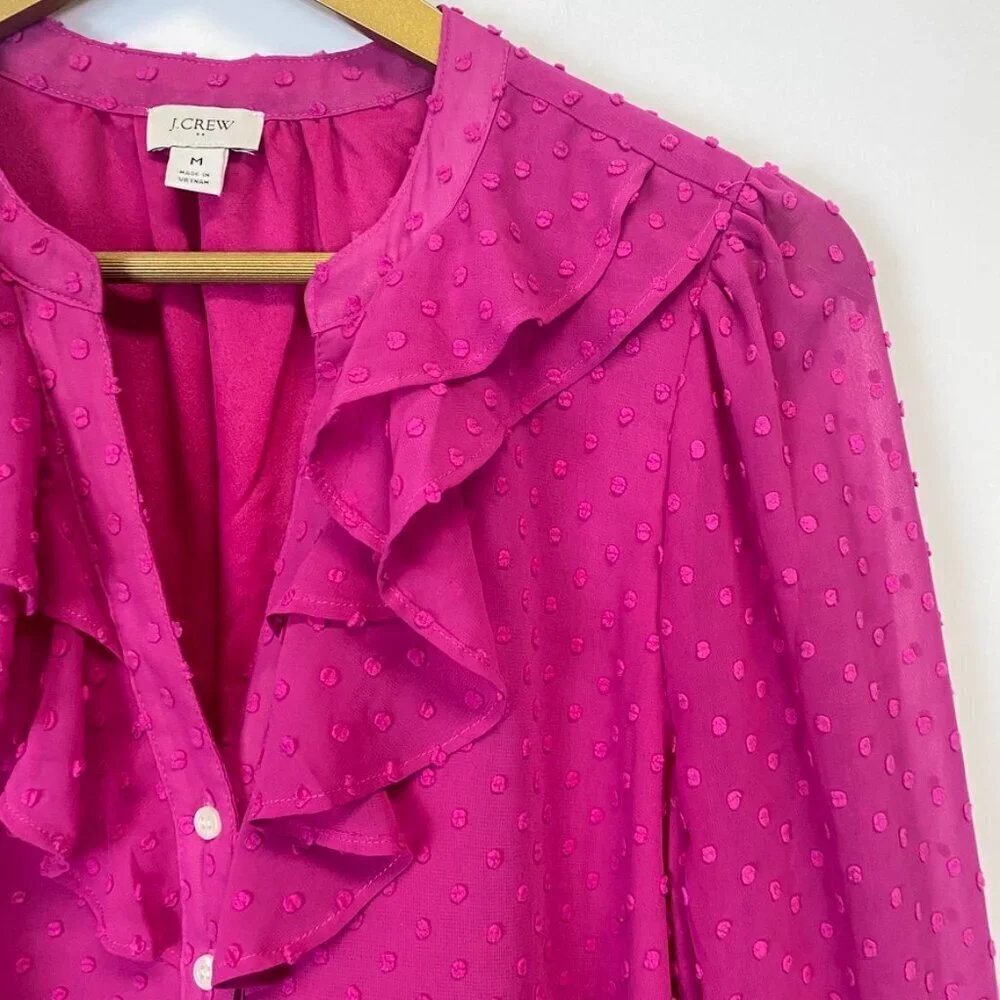 J. Crew Pink Textured Chiffon Ruffle Button Up Blouse